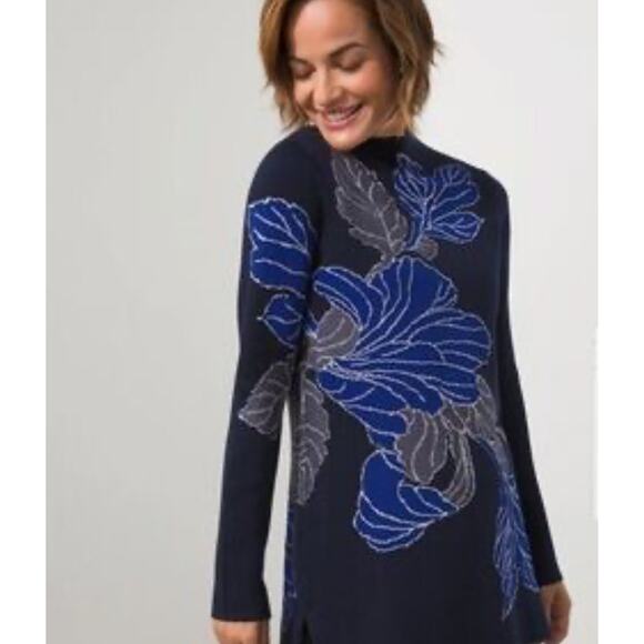 Chico’s Navy Blue Floral Sweater Tunic SZ L Zip Back Long Sleeve Cotton Blend - Picture 1 of 10